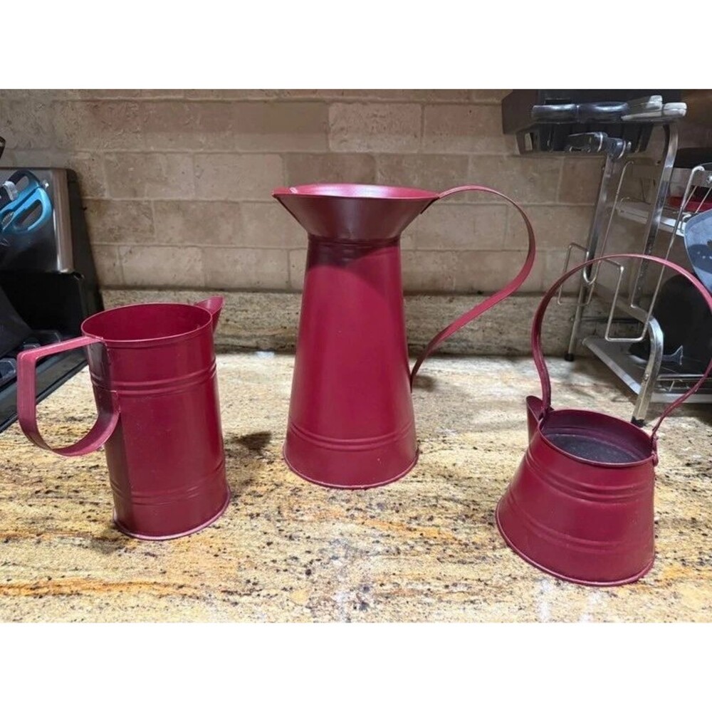 Red Metal Pitcher Jug Watering Can Set 3 Farmhouse Rustic Country Vase Decor Lot